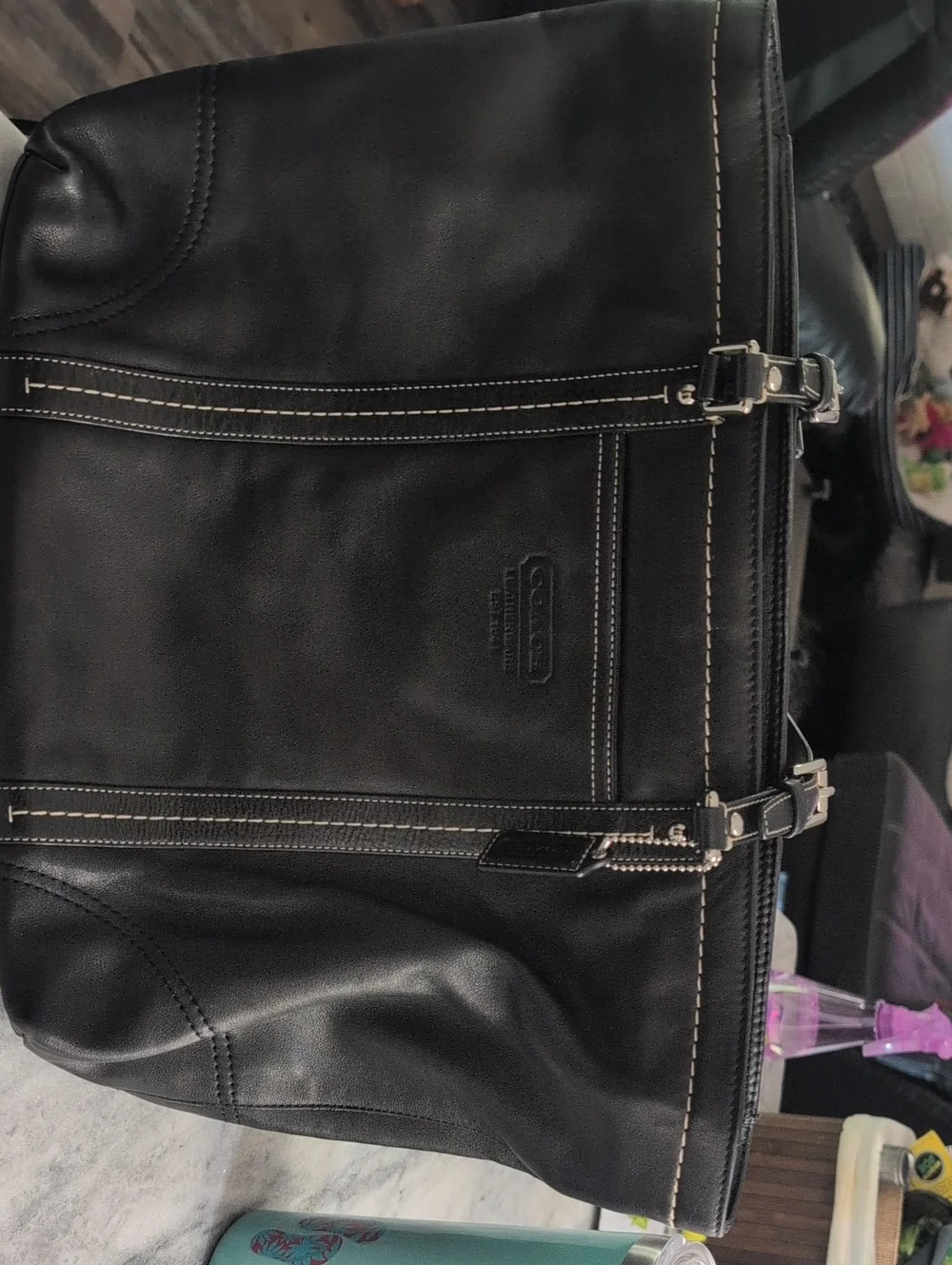 Coach Black Leather Duffel Bag with Contrast Stitching